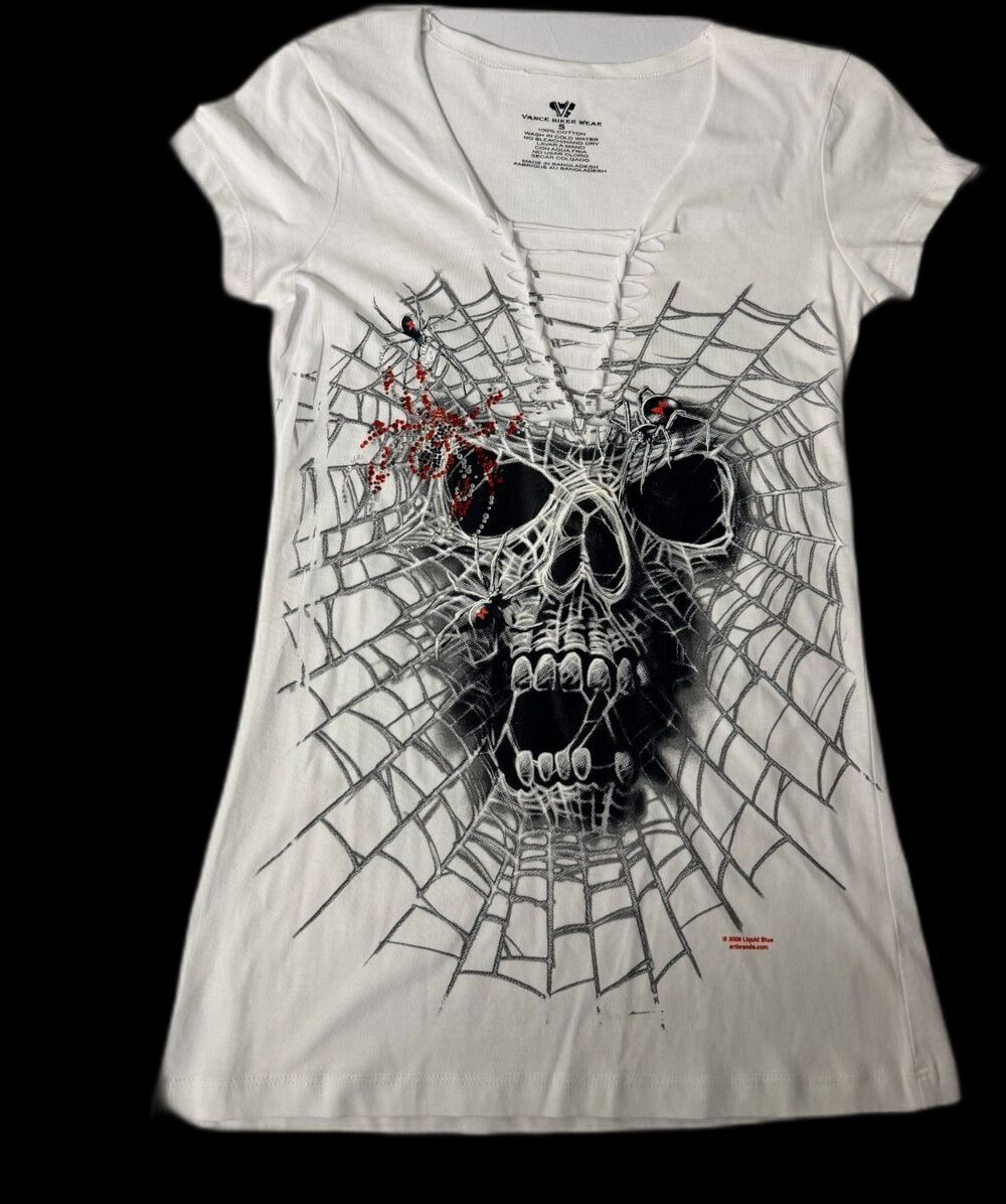 Liquid Blue Bikeoberfest 2019 Skull Spider Web Biker Shirt Women’s S